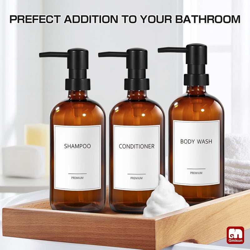 Gmisun Glass Shampoo and Conditioner Dispenser, Shower Soap Dispenser Bottles with Labels, Refillable Shampoo Conditioner Body Wash Dispensers, Amber Glass Soap Pump Dispenser Set for Bathroom Shower - Image 4